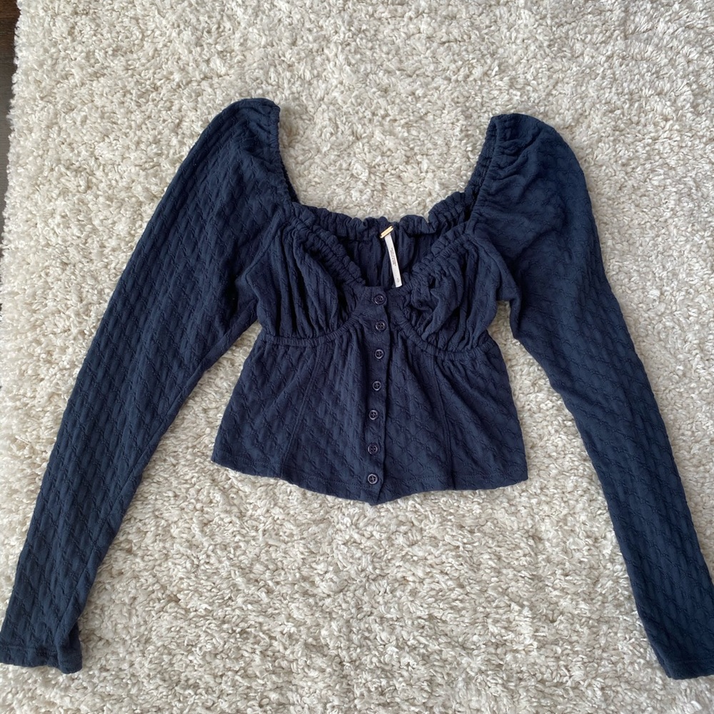 Free People Navy Long Sleeve Cropped Button Front Top